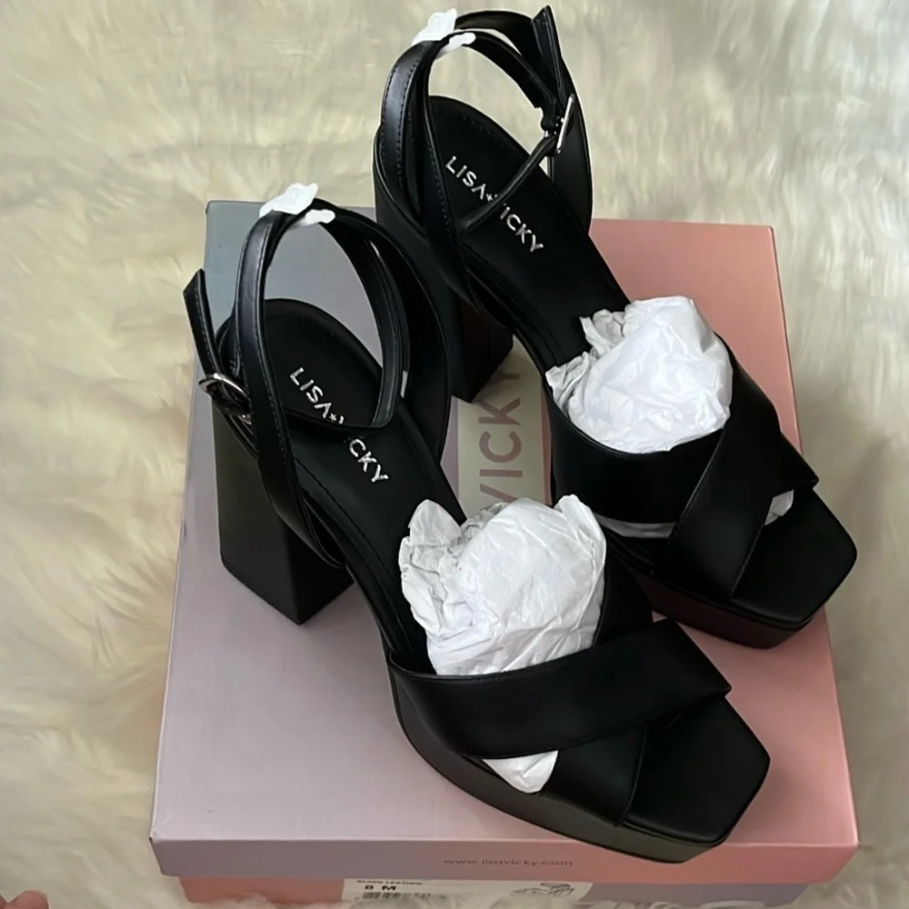 🆕 Lisa Vicky Leather Strappy Platform Heel Sandals Black Size 8